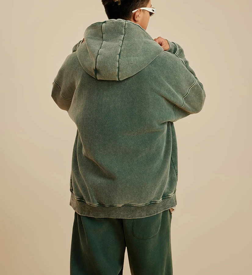 OEM heavyweight cotton fleece mens acid washed oversized dropshoulder zipper up hoodies zip jacket custom logo streetwear