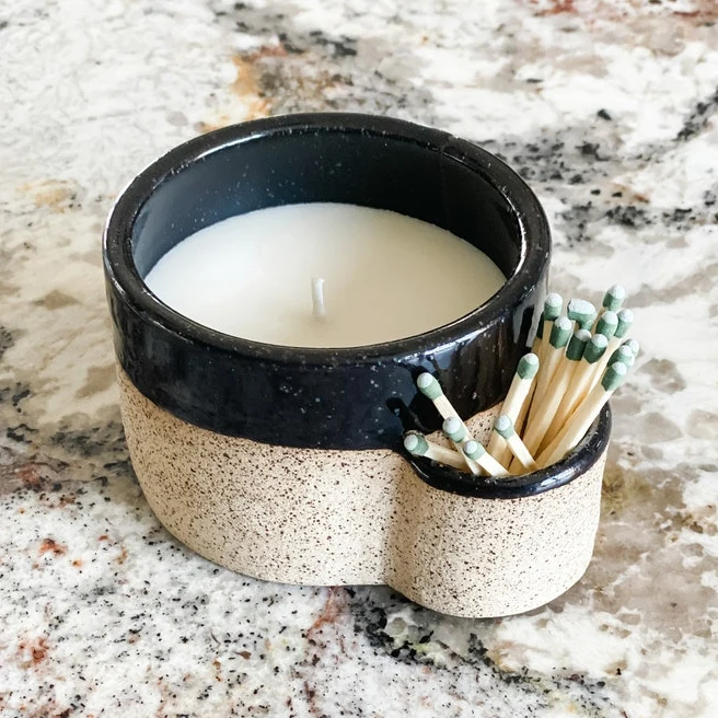 Fancy Design Speckle Glaze Matte Gift Craft Home Goods Ceramic Candle Container Jar With Match Sticks Holder