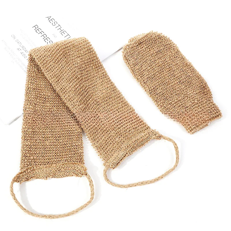 Eco Friendly Hemp Jute Exfoliating Body Back Cleaning Bath Belt Scrubber With Bath Glove
