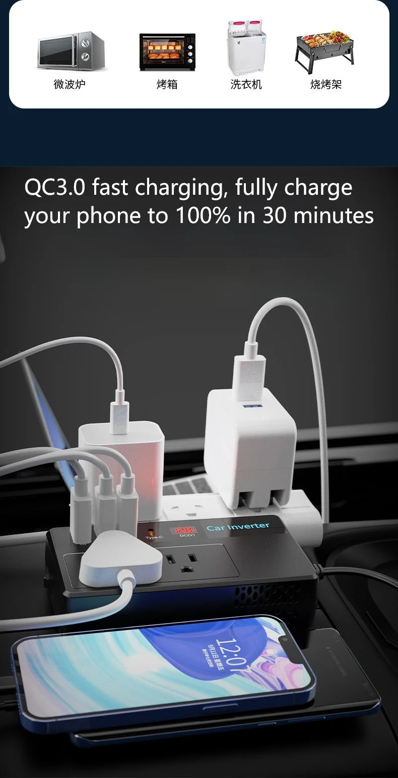 200W PD 30W USB-C QC 3.0 Digital Display Inverter DC 12V AC 110V Car Power Inverter  Single 60Hz USA Jack