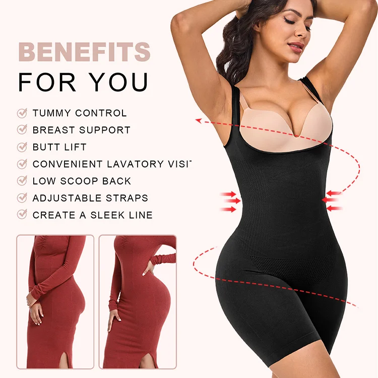Wholesale butt lifting open bust full body shaper seamless body shapewear women mid thigh bodysuit