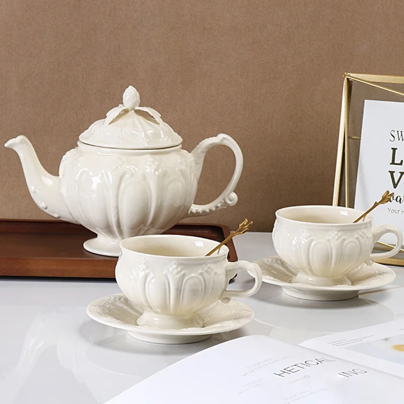 Set of 2 Vintage English Embossing Retro Palace Style Ceramic Coffee Cup and Saucer Party Afternoon Tea Pot Kettle Set