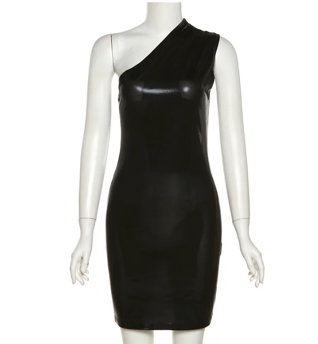 Fashion XS-XL Metallic bright mini dress women 2022 sexy club party sleeveless asymmetrical shoulder slim bodycon Dress