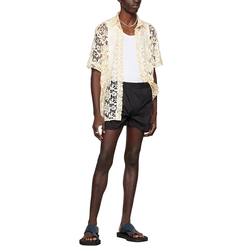 Button Hollow Out Lace Shirt Fashion High Quality Square Collar Short Sleeve Custom Men Beige Yellow Summer Flannel Fabric