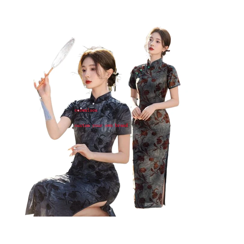 Ecoparty черное традиционное китайское платье Mujer Vestido женское атласное мини Ципао Cheongsam с цветами