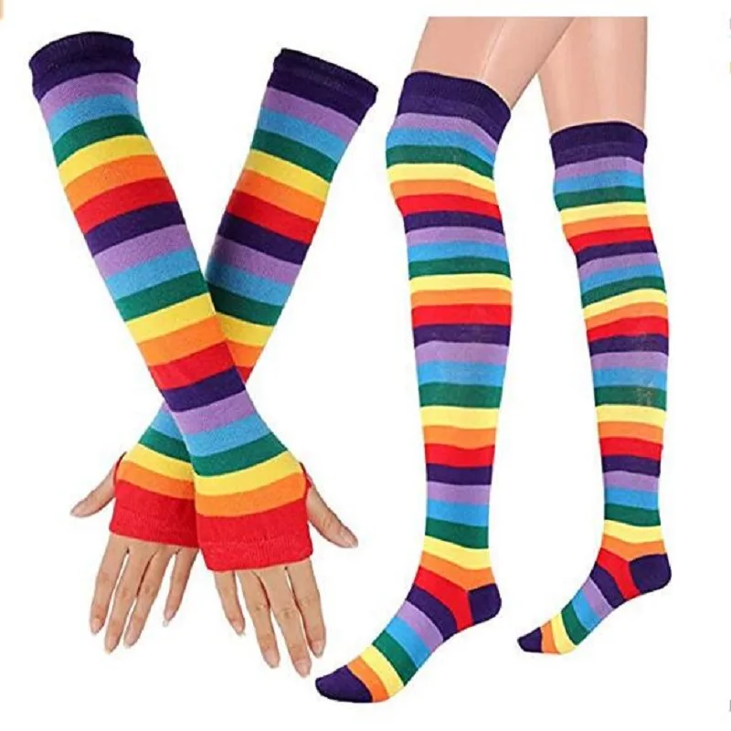 Womens 80s Neon Party Outfit Costume Rainbow Stripes Arm Warmer Long Socks Bowtie Suspenders Tutu Skirt Cosplay Set