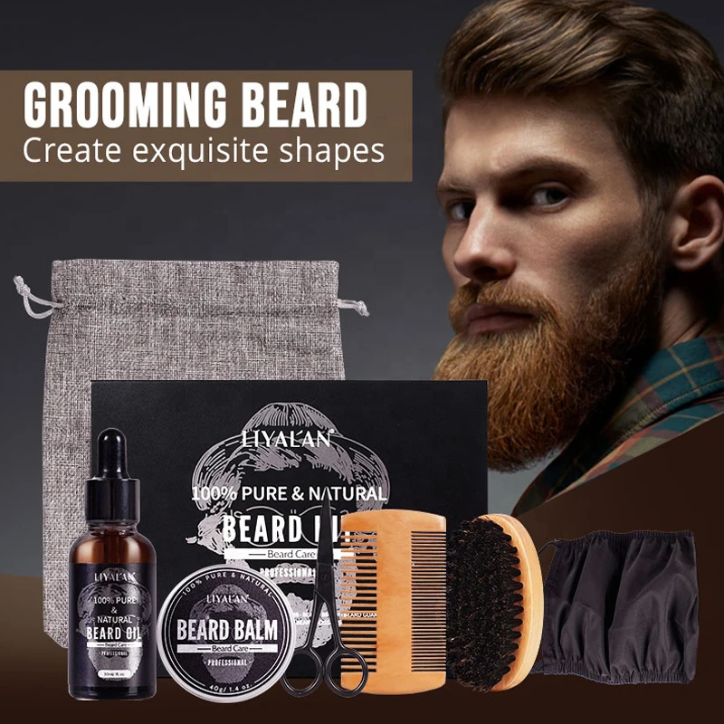 New Product Private Label 7pcs Hair Beard Care oil Grooming Balm Set Organic Beard Growth Kit For Men