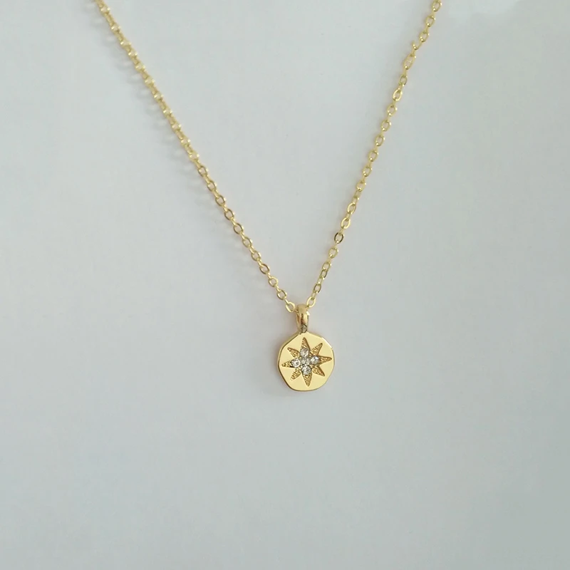Delicate Crystal Starburst Coin Charm Choker Women Boho Dainty Layered Small CZ Stone Zircon Disc Pendant Necklace Fine Jewelry