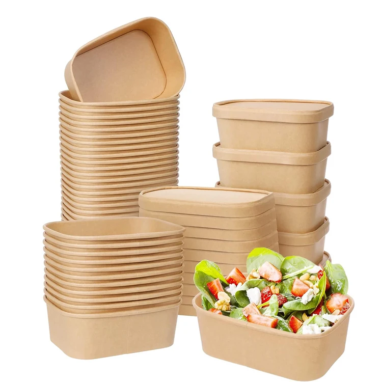 Kraft single paper salad bowl takeout boxes disposable for salad  Rectangular Paper Food bowl container supplier with paper lid