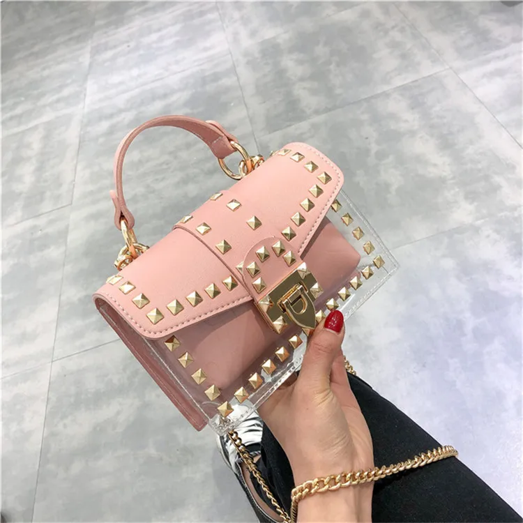 wholesale Clear Purse 2 in 1 Transparent Shoulder Bag Set Fashion Rivet Chain Strap PVC Jelly Handbags