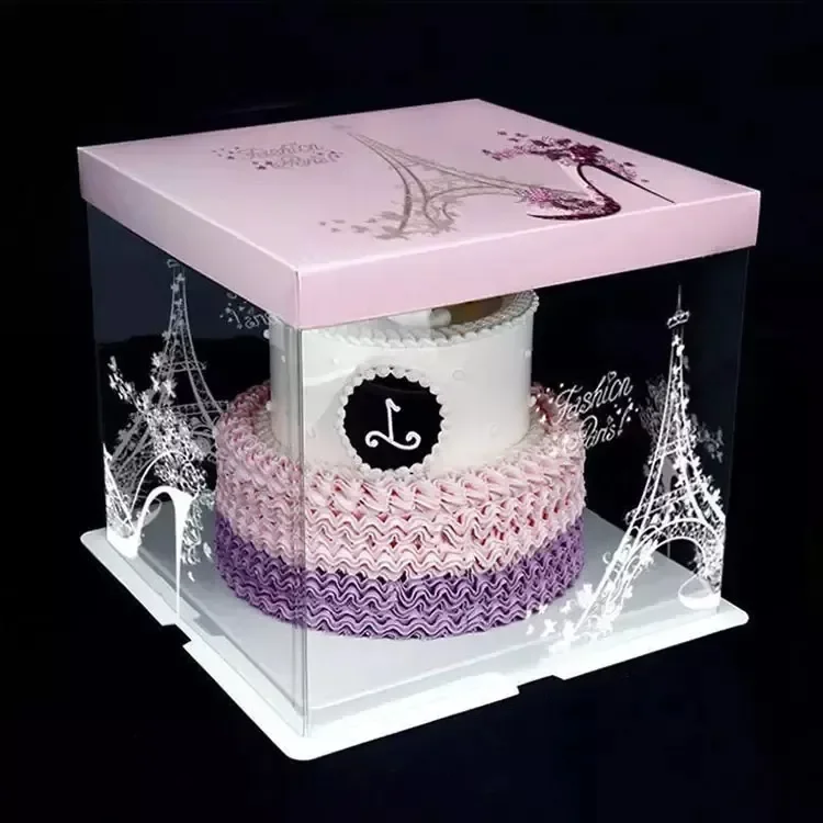 6 8 10 12 Inch Square High Wedding Transparent Acetate Plastic Tall Clear Cake Box Packaging With Lid Handle 10 x 10 x 6