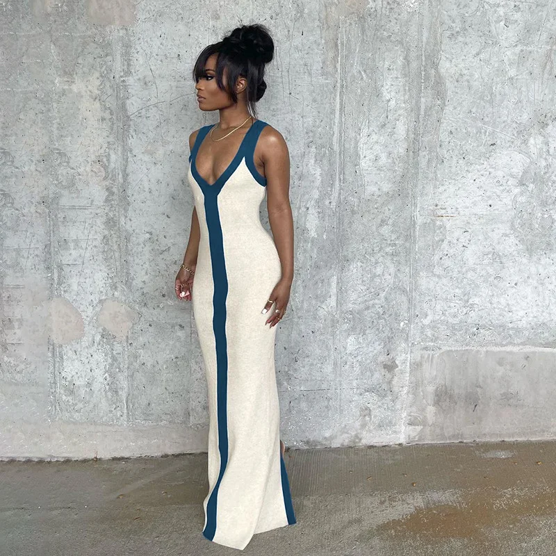 Holiday Style Woman Summer Casual Long Dresses Sexy V-neck Straps Blue and White Sleeveless Long Casual Dress 2023
