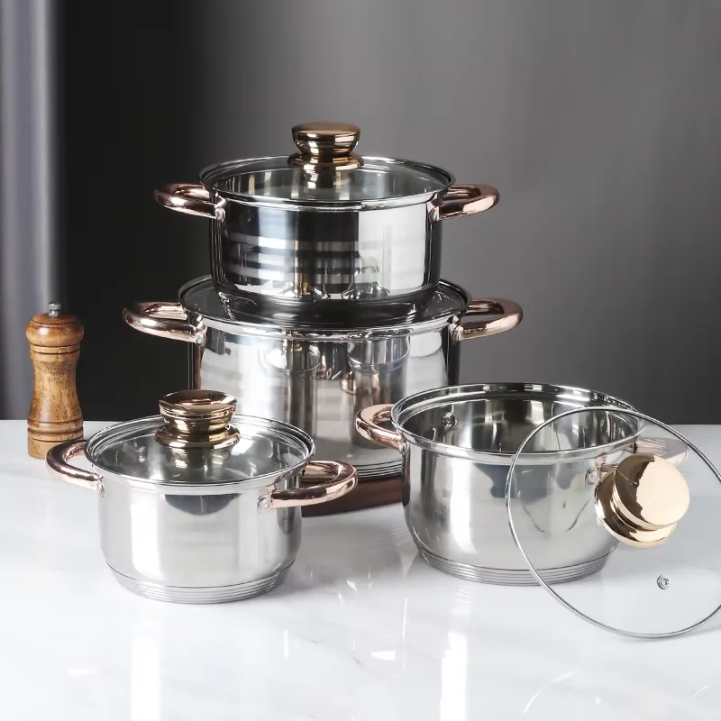 Light Luxury Rose Gold Kitchenware Morden Style Non Stick 6 Pcs Cookware Set With Handle Stainless Steel Saucepan Set