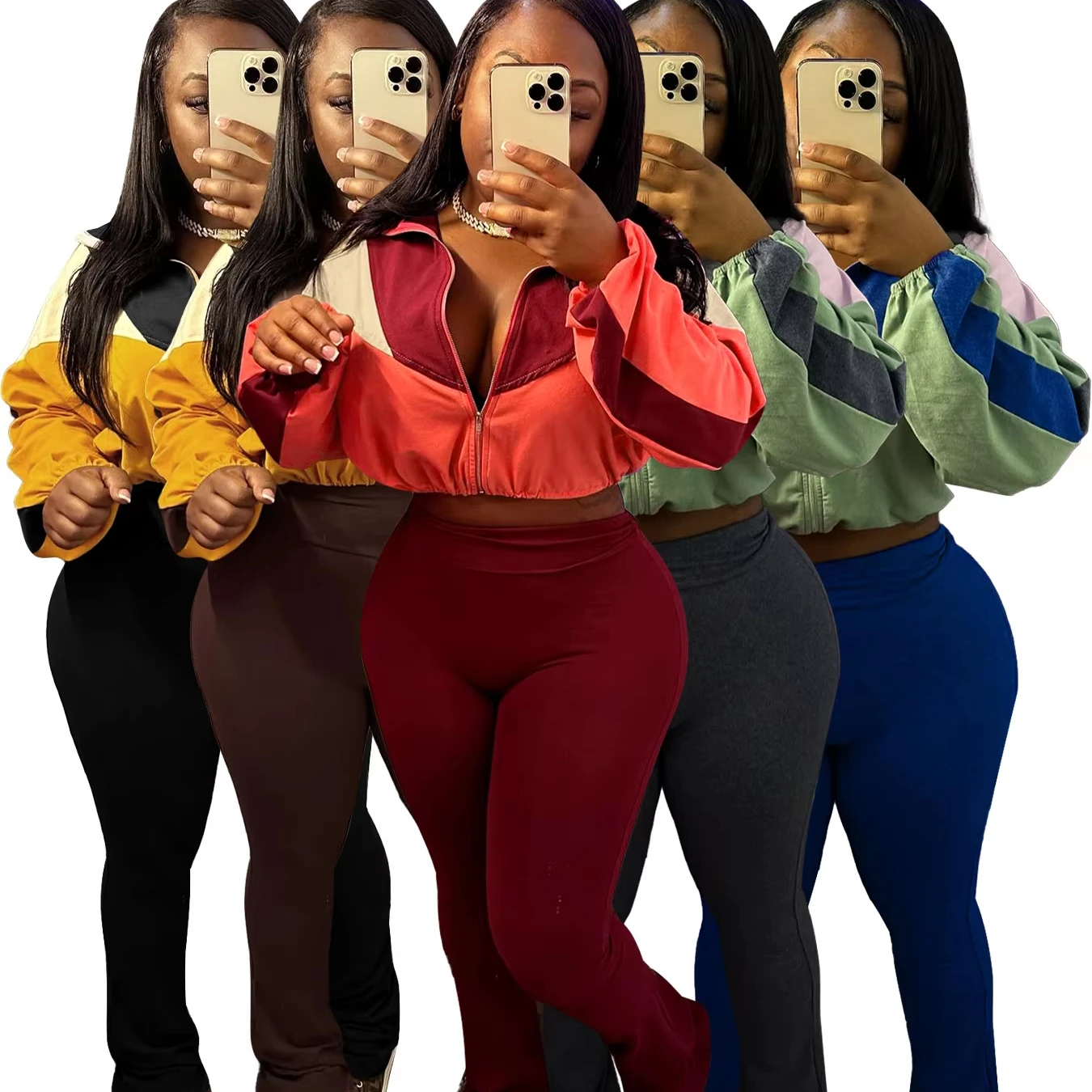 Casual sport stretch two pieces sweat suit with long sleeve cardigan crop top sweatshirt and high waist tight pants