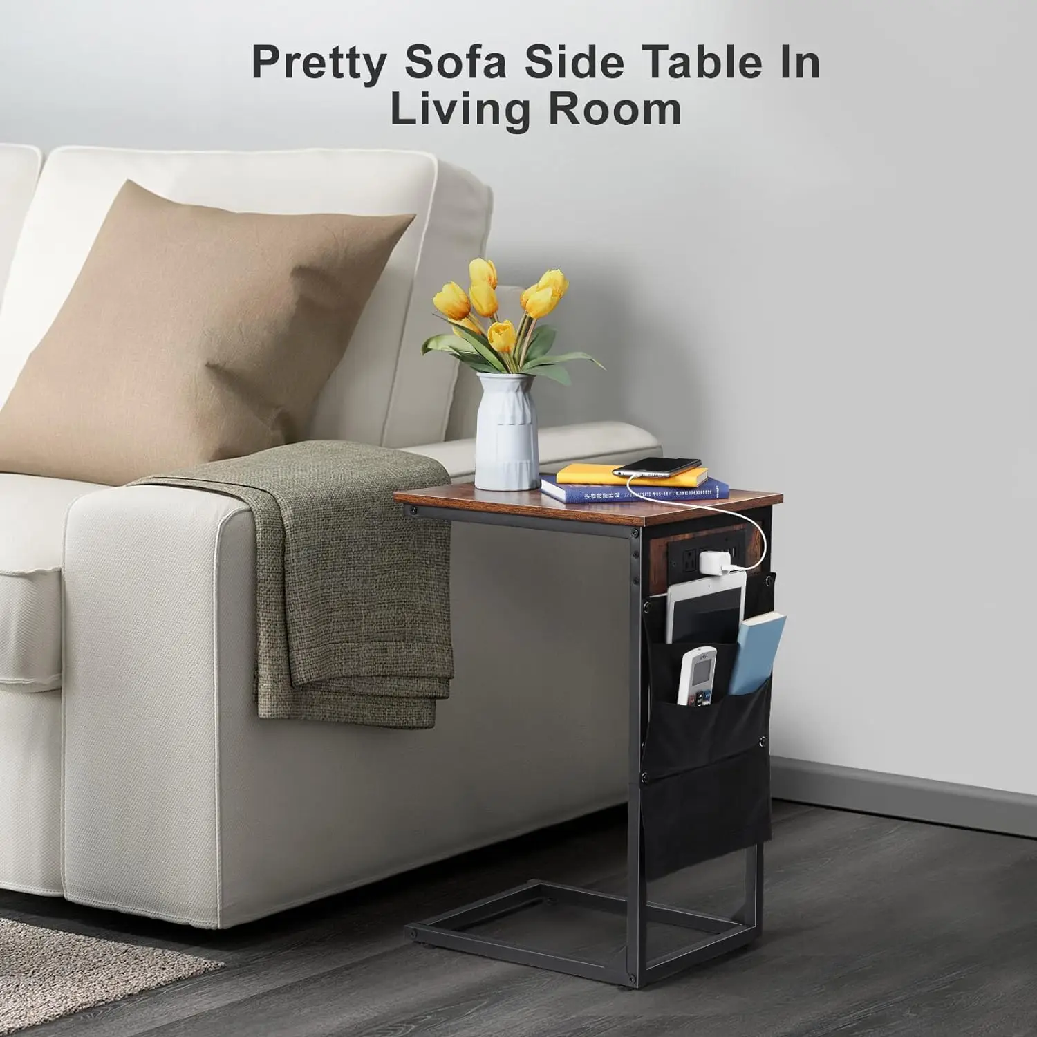 Living Room Furniture table frame metal Side Table with 2 USB Ports and socket outlet, C-Shaped Side Table with Cloth Bag
