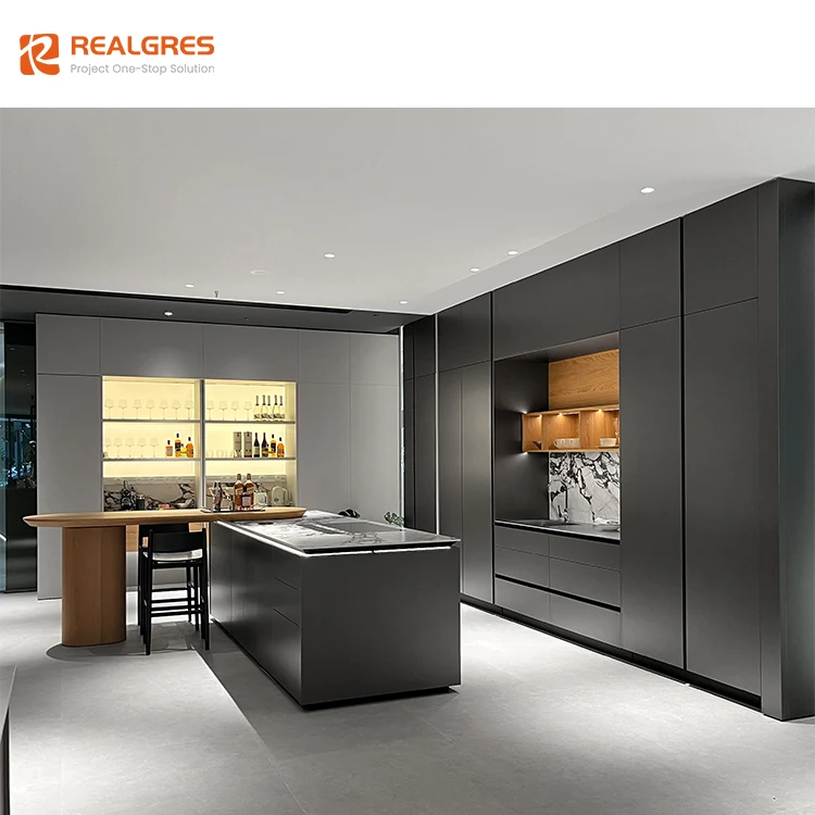 Realgres kitchen wood cabinets black metallic lacquer modern custom full kitchen cabinets ready to assemble with pocket doors