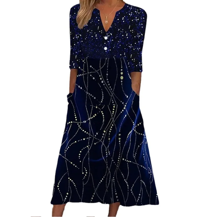 1pcs MOQ 3/4 sleeves women flared Midnight royal Blue Constellation Line Print Side Pocket Midi Dress long summer dresses