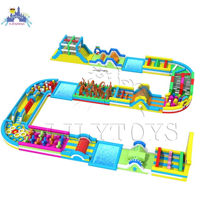 lilytoys commercial bounce house inflatables water slide inflatable water park slide long obstacle course with pool