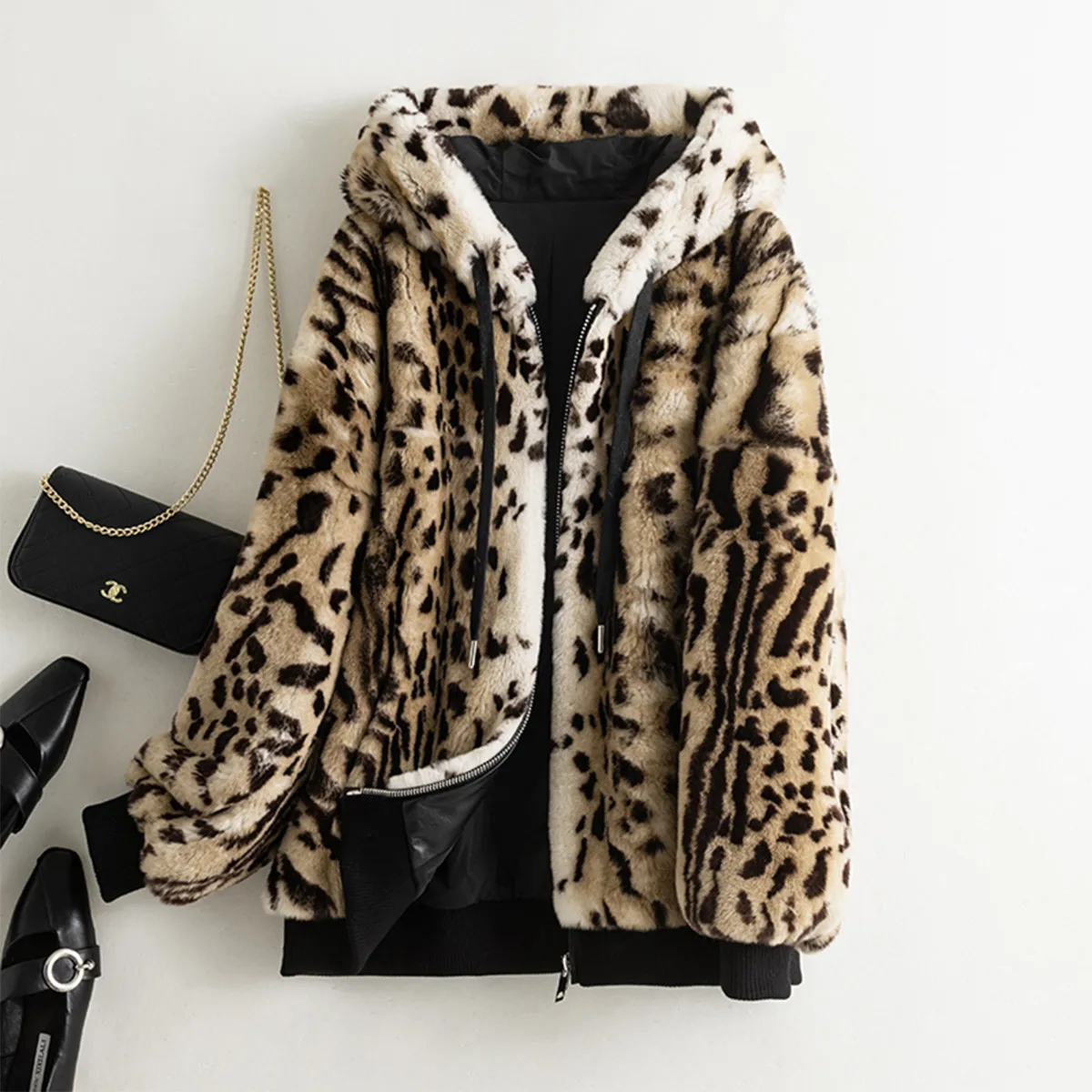 Winter Fashion Fur Jacket Hooded Leopard Print Real Rex Rabbit Fur Coat Women With 100% Polyester Lining