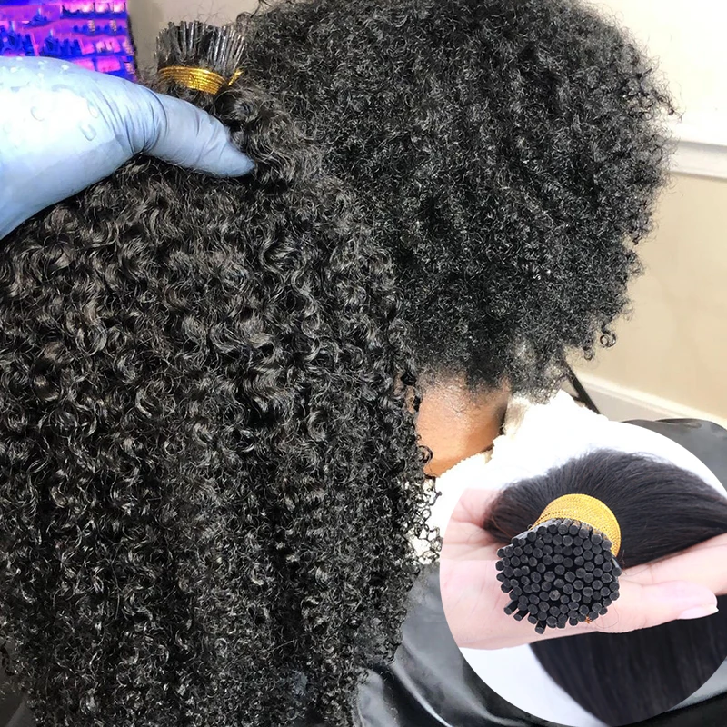 Mongolian Afro Kinky Curly  Microlinks Hair Extensions Virgin Hair 3B 3C I tip Human Hair Extensions Black For Women Keratin