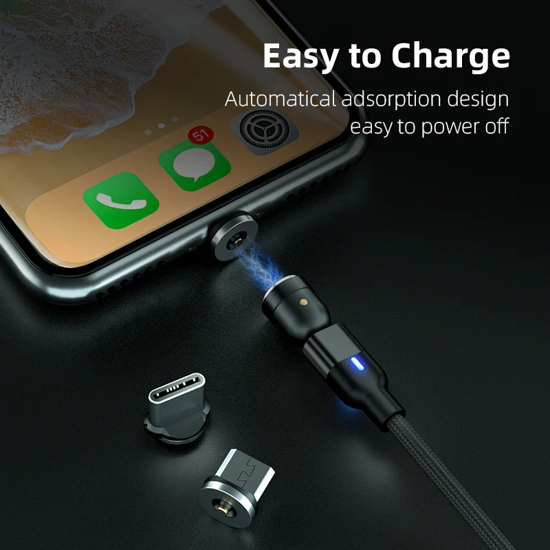 Magnetic charging cable fast charging 3 in 1 magnetic light cable 540 degree Free Rotation Data 2.4A Micro USB C Charging Line