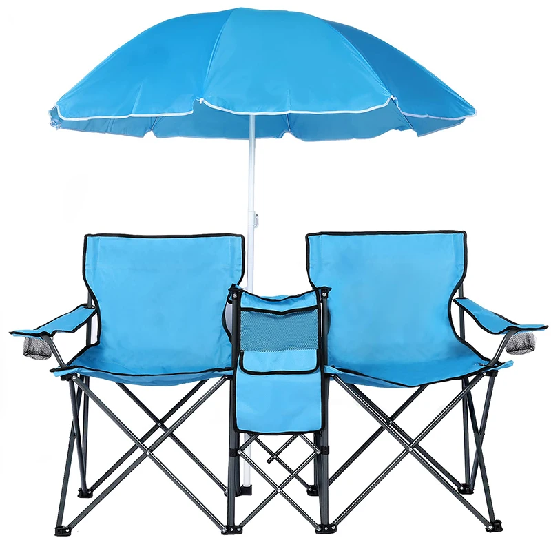 2021 Hot Sale Folding Camping Double Fishing Chair Umbrella Outdoor Camping Picnic Beach Chair Protable Fish Chair with Cooler