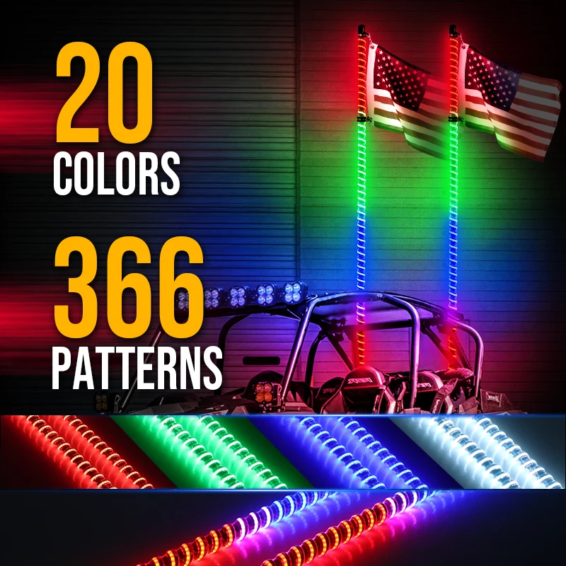 New COB LED Lighted Whip 2ft-6ft Flag Pole Light Brake/turn/reverse signal APP Remote control for ATV UTV