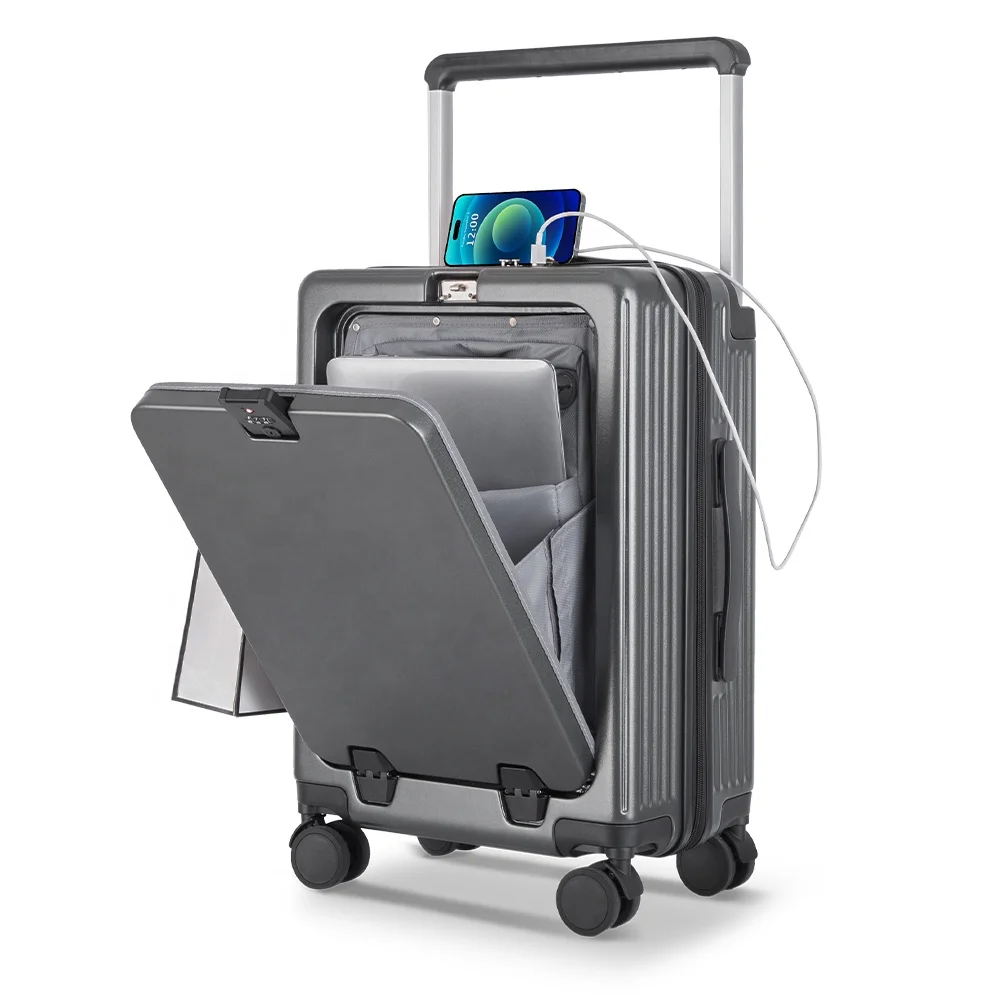 Yongsheng 2024 New Wide Trolley PC Suitcase Front Opening multi function luggage 20 inch with USB port Cabin Luggage
