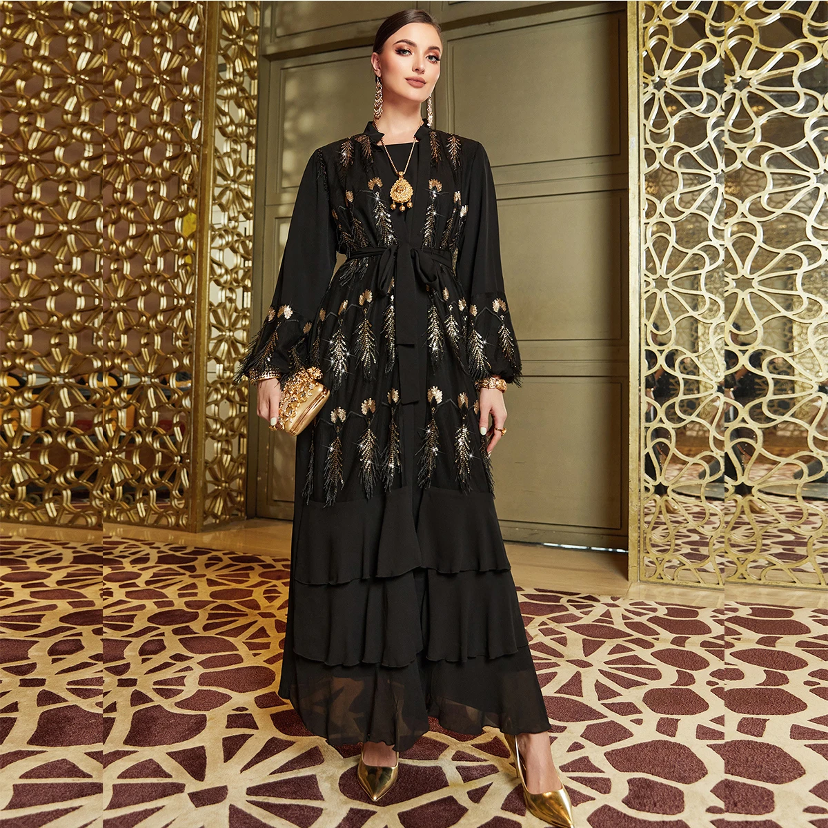 abaya muslim 2024 saudi 2 Pieces Abaya Set Black Shimmer Feather Sequin Cardigan Long Dress Modest East Middle Evening Dress