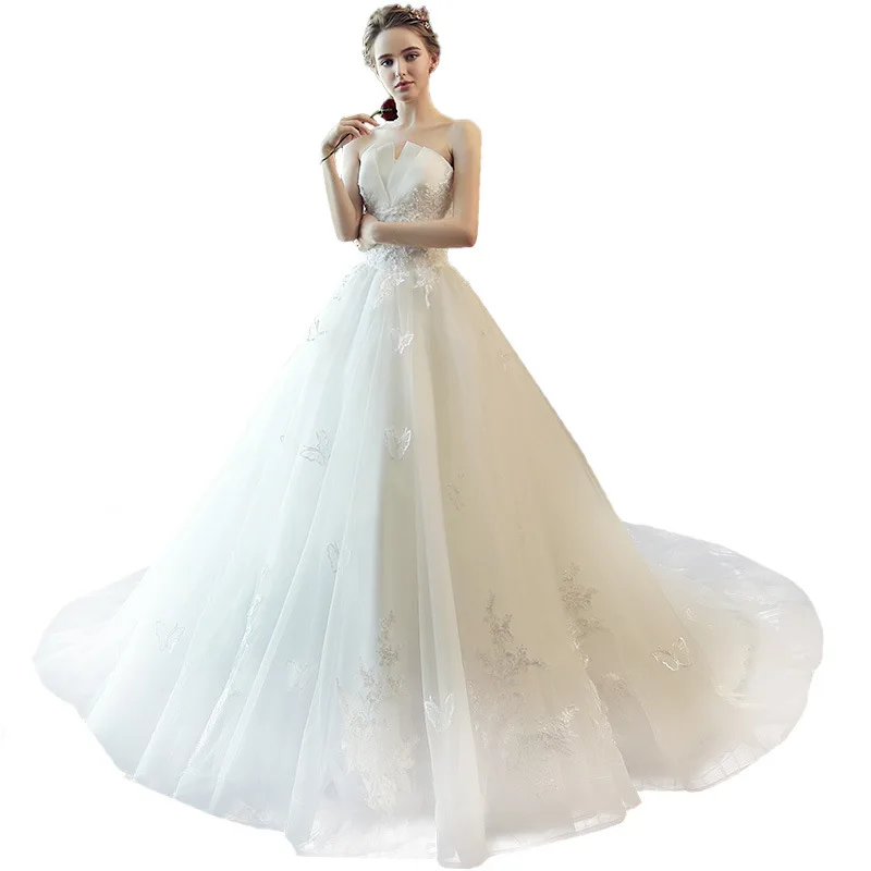 Modern Bridal Tail Small White Tube Top Lace Simple Fairy Graceful Mori Wedding Dress Princess
