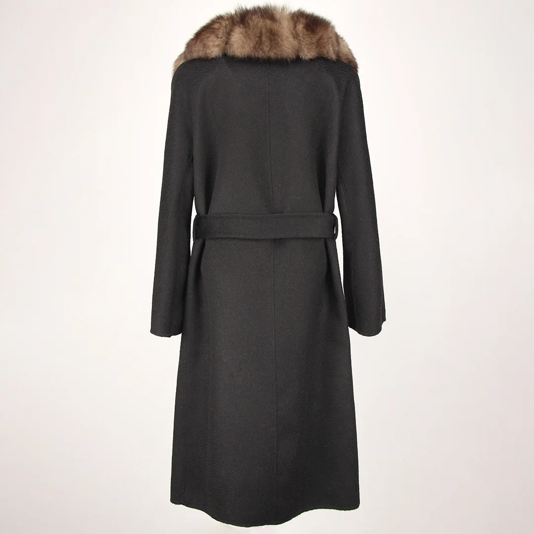 Long style women wool coat wholesale lady fashion fox fur collar woolen coat with belt