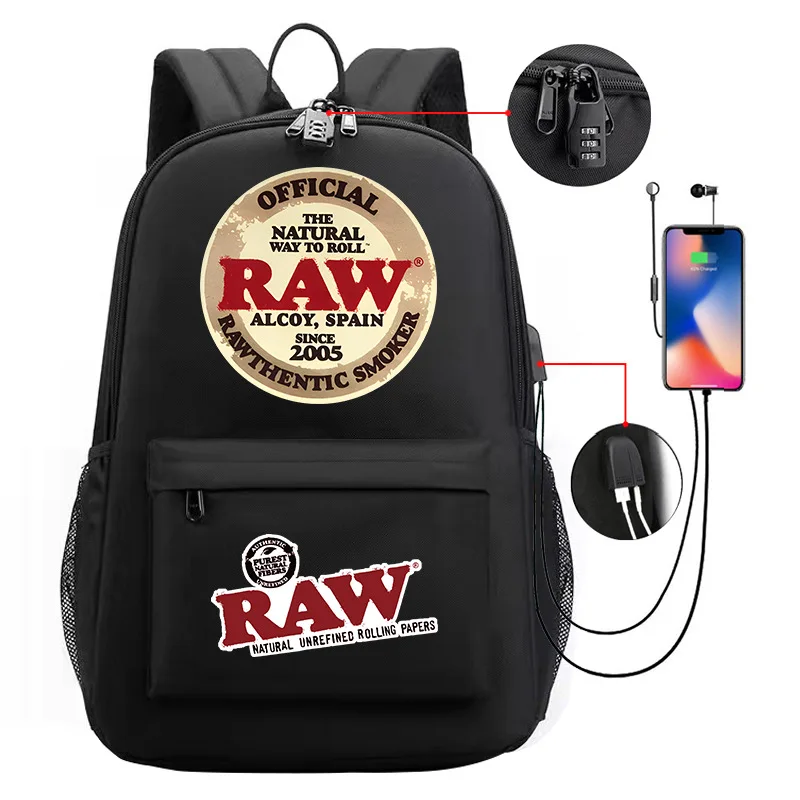 Custom Printed Cartoon Anime Travel Book Bag Back Pack Waterproof Men Backwoods Cookie RAW Laptop Sport USB Backpack With Lock