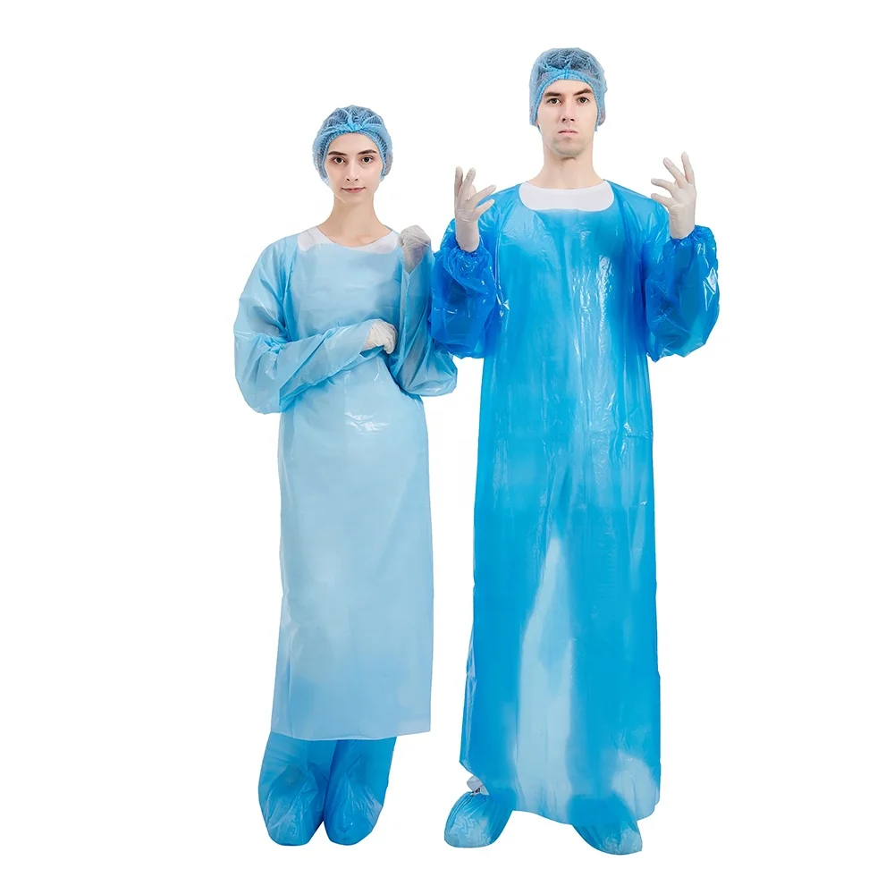 Disposable CPE Gown-Blue waterproof plastic disposable CPE apron gown with Rubber cuffs