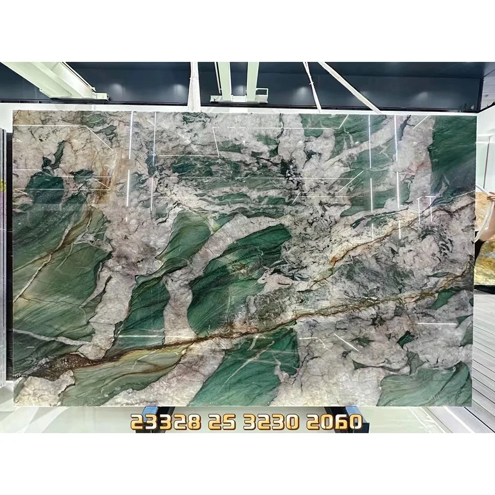 Backlit Royal Green with white crystal veins Quartzite for slab & tile for countertops and stairs step or fireplace from china