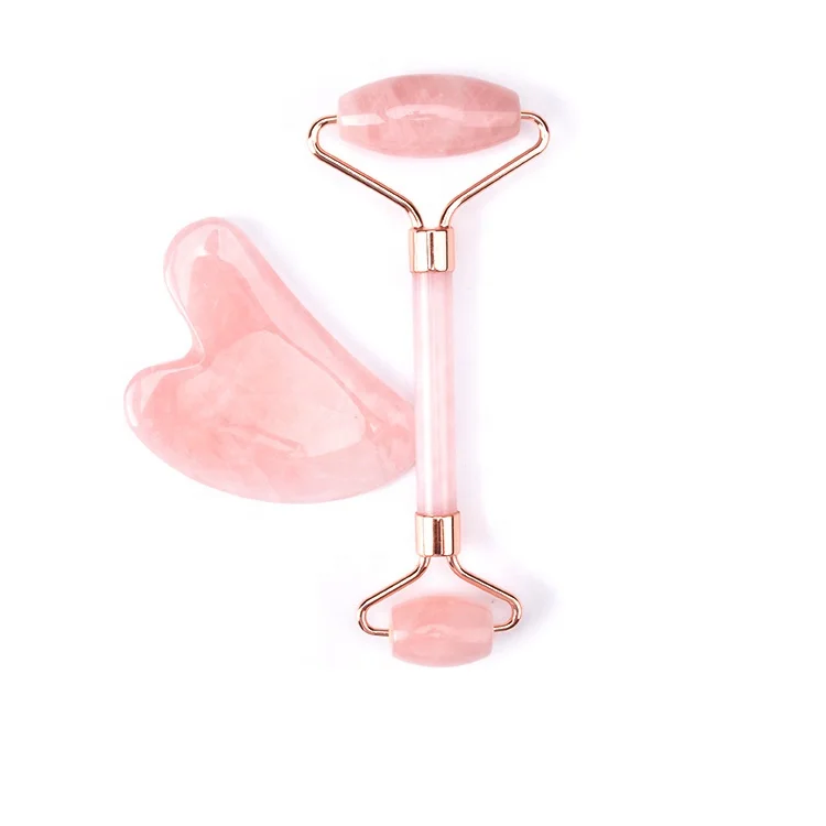 Hanhe Wholesale Face Massage Roller Guasha Set Custom Logo Natural Stone Facial Massager Rose Quartz Jade Roller and Gua Sha Set