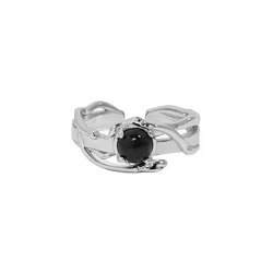 WuQie Black Onyx Rings and Synthetic Moonstone Open Ring 925 Sterling Silver Gemstone Ring