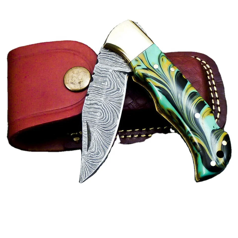 
Изготовленный На Заказ Складной нож из дамасской стали и кожаный нож ручка из смолы складной дамасский нож 