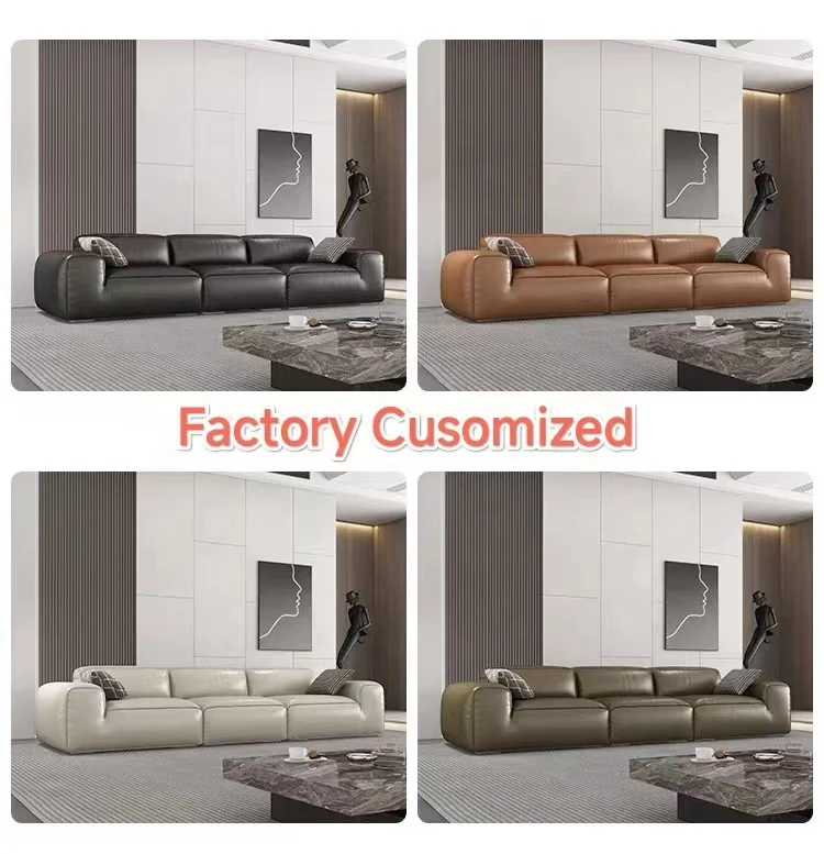 Living Room Furniture Modular Italian Black Leather Sofa Set Top Grain Real Cowhide Sectional Home Sofa for Three People