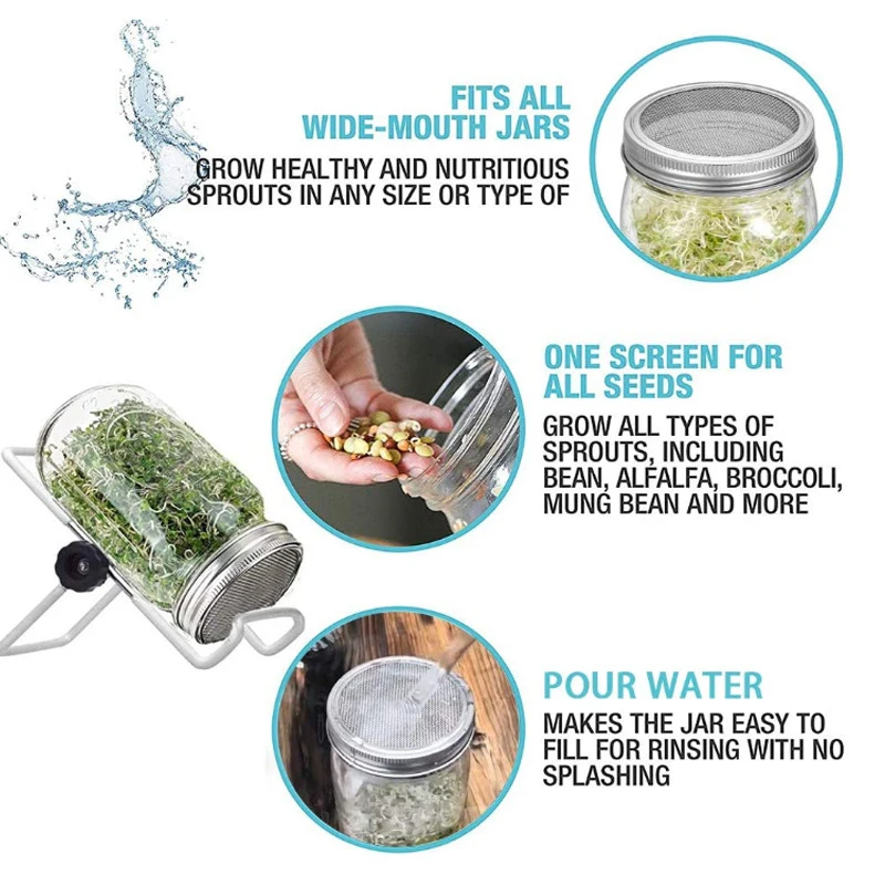 hot sale Reusable Wide Mouth seeds sprout growing jar set glass mason sprouting jar with stand