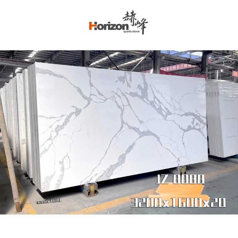 Horizon Quartz Slab Kitchen Countertop With Grey Textured Calacatta Faux Quartz Stone