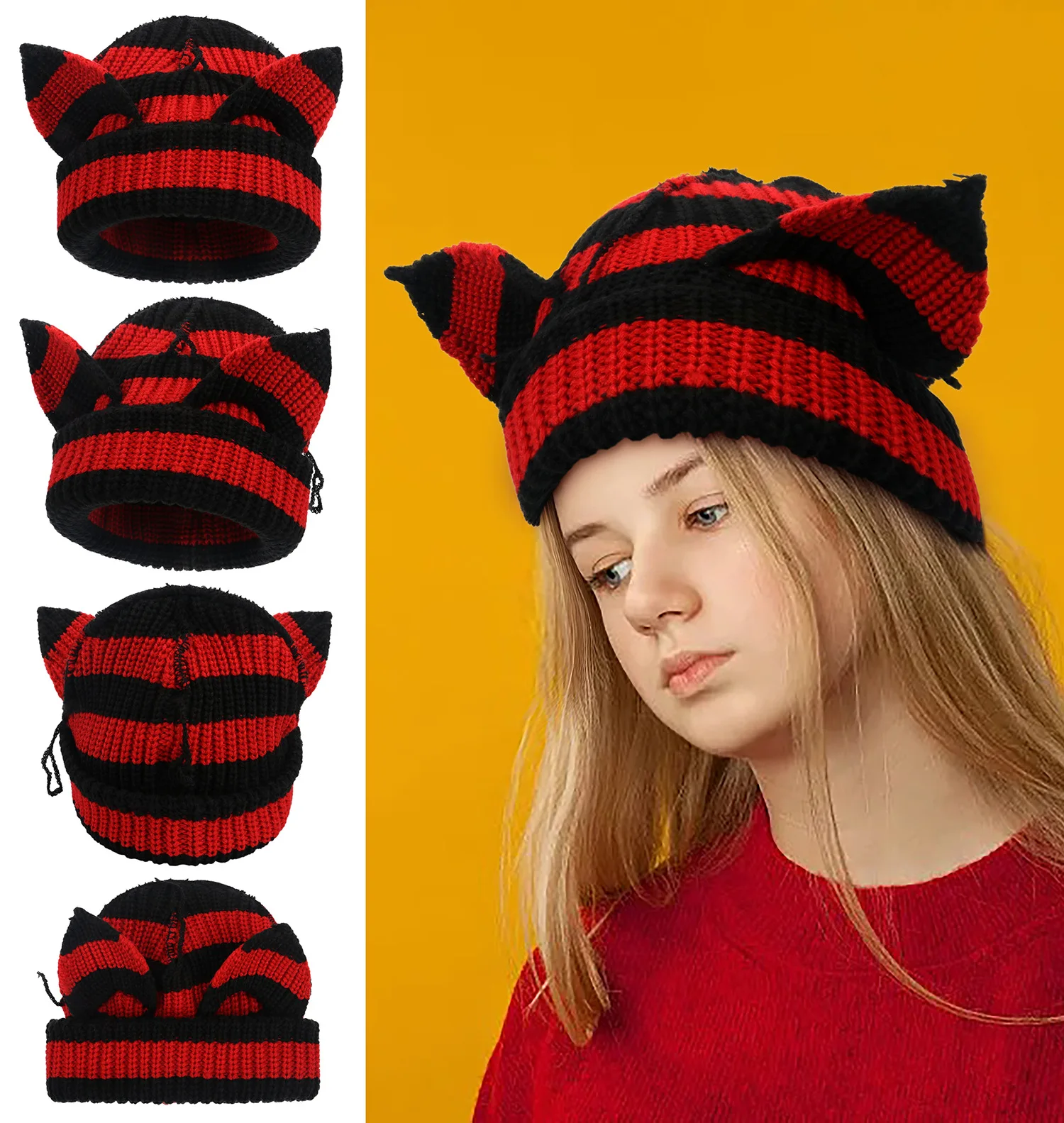 2024 Ears Knitted Hat Winter Warm  Hat Large Head Loose Pullover Hat