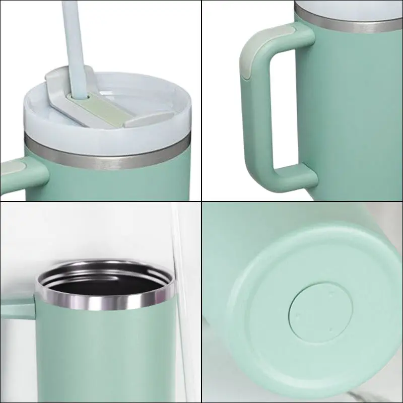 40oz Double Wall Vacuum Insulated flat wide mouth water bottle stainless steel with straw and handle lid