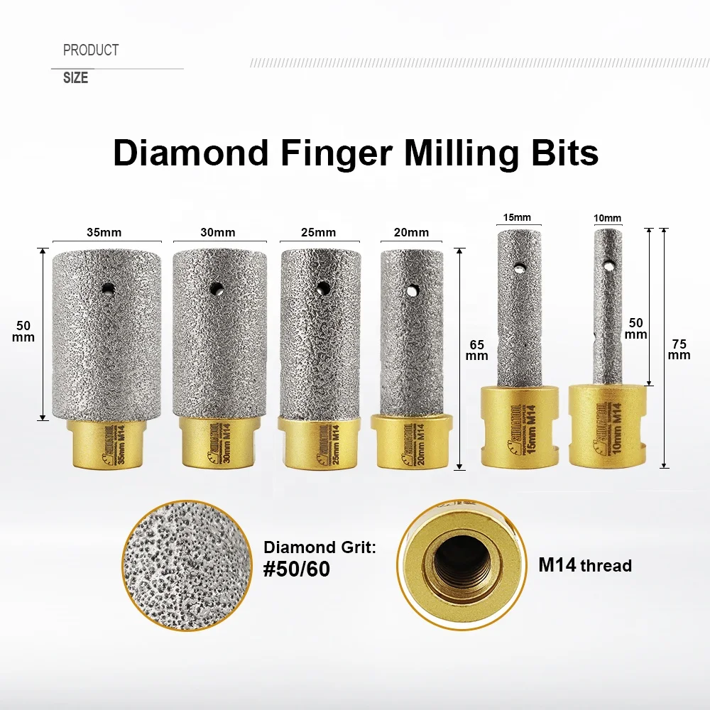 Vacuum Brazed Diamond Finger Bits Milling Cutter for Drilling Enlarging Shaping Existing Hole on Ceramic Marble Granite