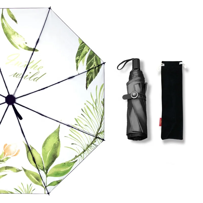 Full Automatic Umbrella Mechanism Wholesaler Compact Folding Umbrella green pink pattern printed black UV coating with UPF