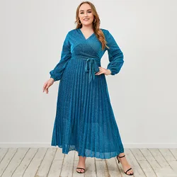2022 Spring And Fall Solid Blue Shiny Plus Size Clothing Long Sleeve Pleated Maxi Ladies Elegant Dress With Belt