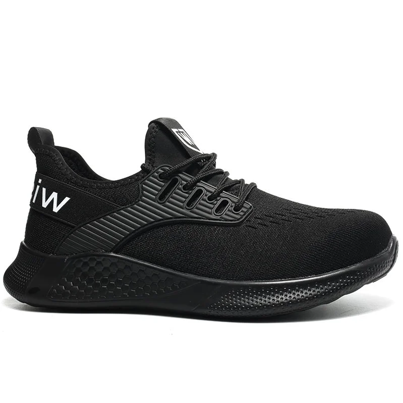 Fly knit fabric hiking road mate sports black slip low on light weight safety man shoes