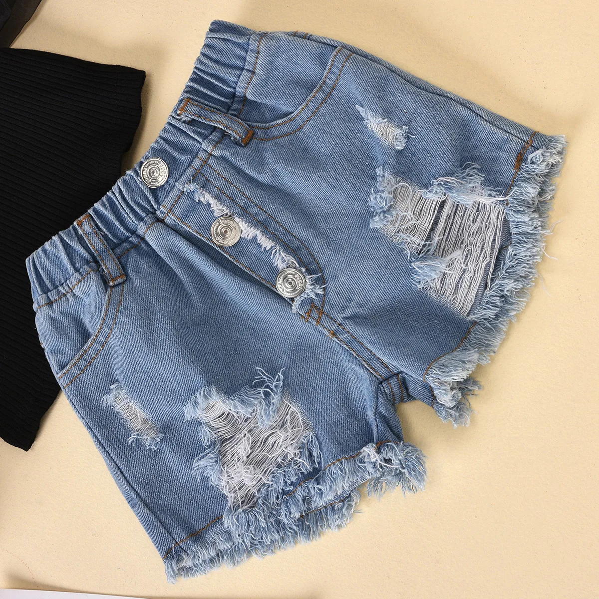 2024 summer Baby Girls Clothes Dot Printed Mesh Puff Sleeve Striped Tops Ripped Denim Shorts Kids Clothing Set