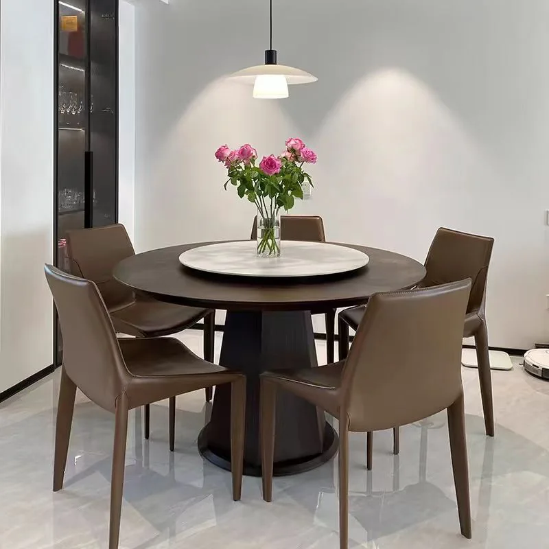 Home Furniture Nordic Solid Wood Frame Round Creative Luxury Dining Table With Turntable Slate Tabletop