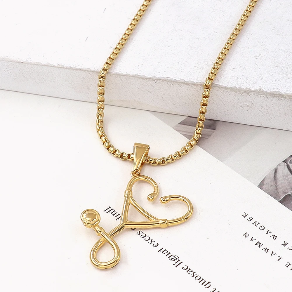 Gold Silver Color Stainless Steel Stethoscope Pendant Necklace Heart Doctor Nurse Medical Necklace For Women