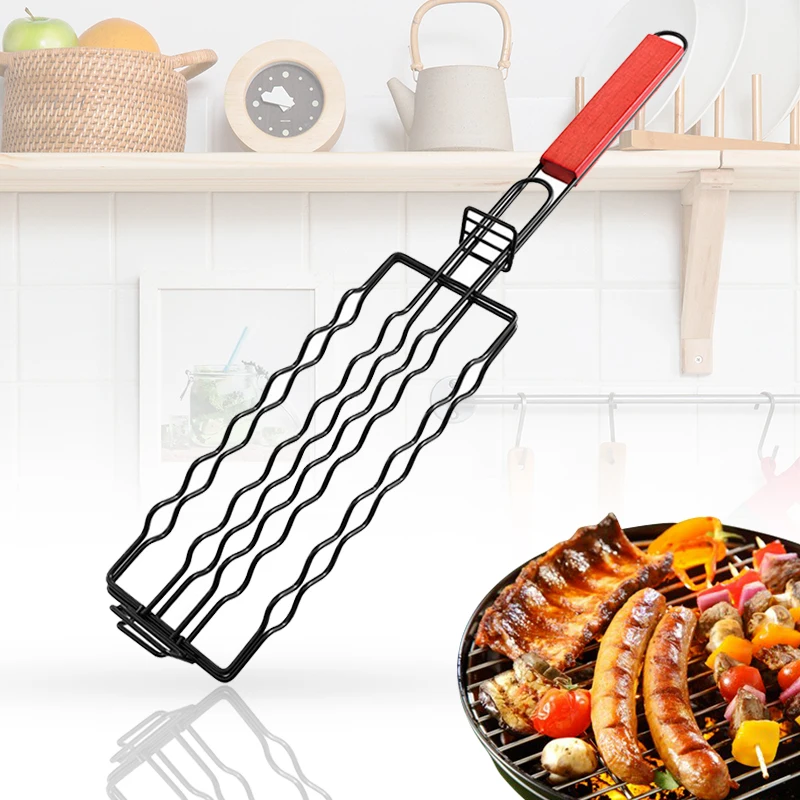 6 holes iron Rack Roast Sausage Hot Dog Grill Net Clip Grills Basket with wooden handle